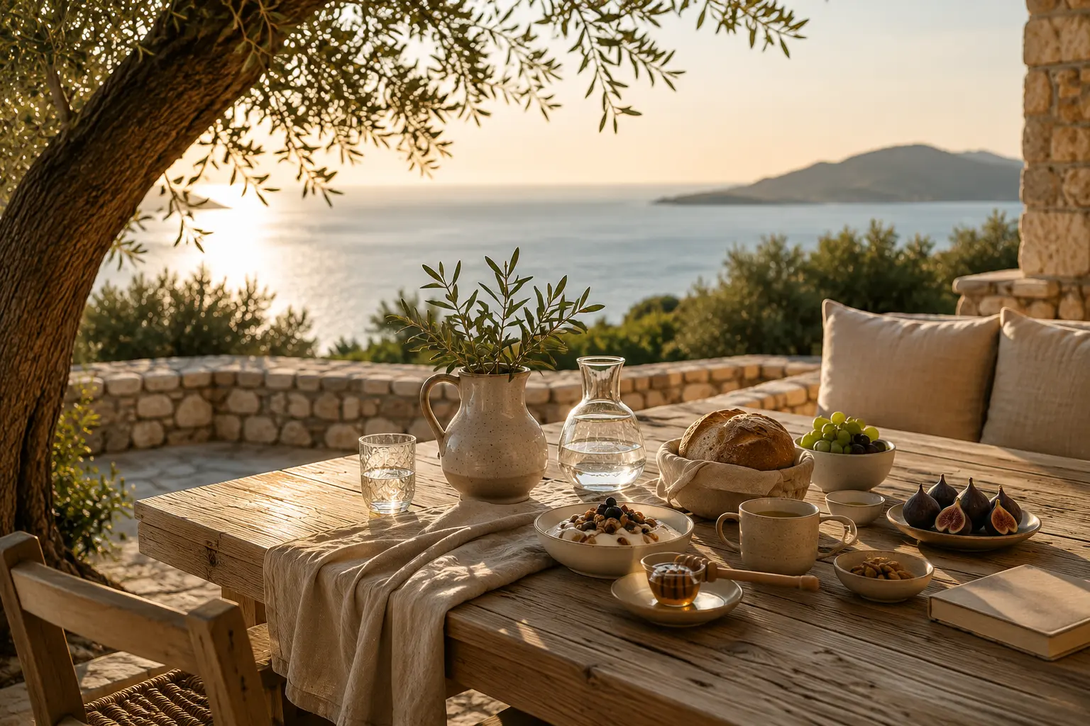 Ξύλινο τραπέζι με αυθεντικό ελληνικό πρωινό σε πέτρινη βεράντα, κάτω από ελιά, με θέα στη θάλασσα κατά την ανατολή του ήλιου.